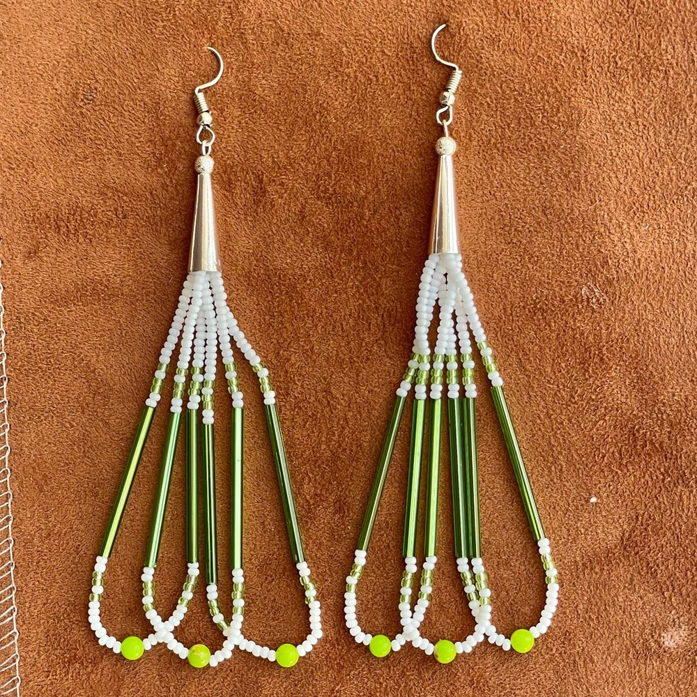 Cahuilla Long Hand Beaded 3 Loop Glass Bugles/Seed Bead Earrings